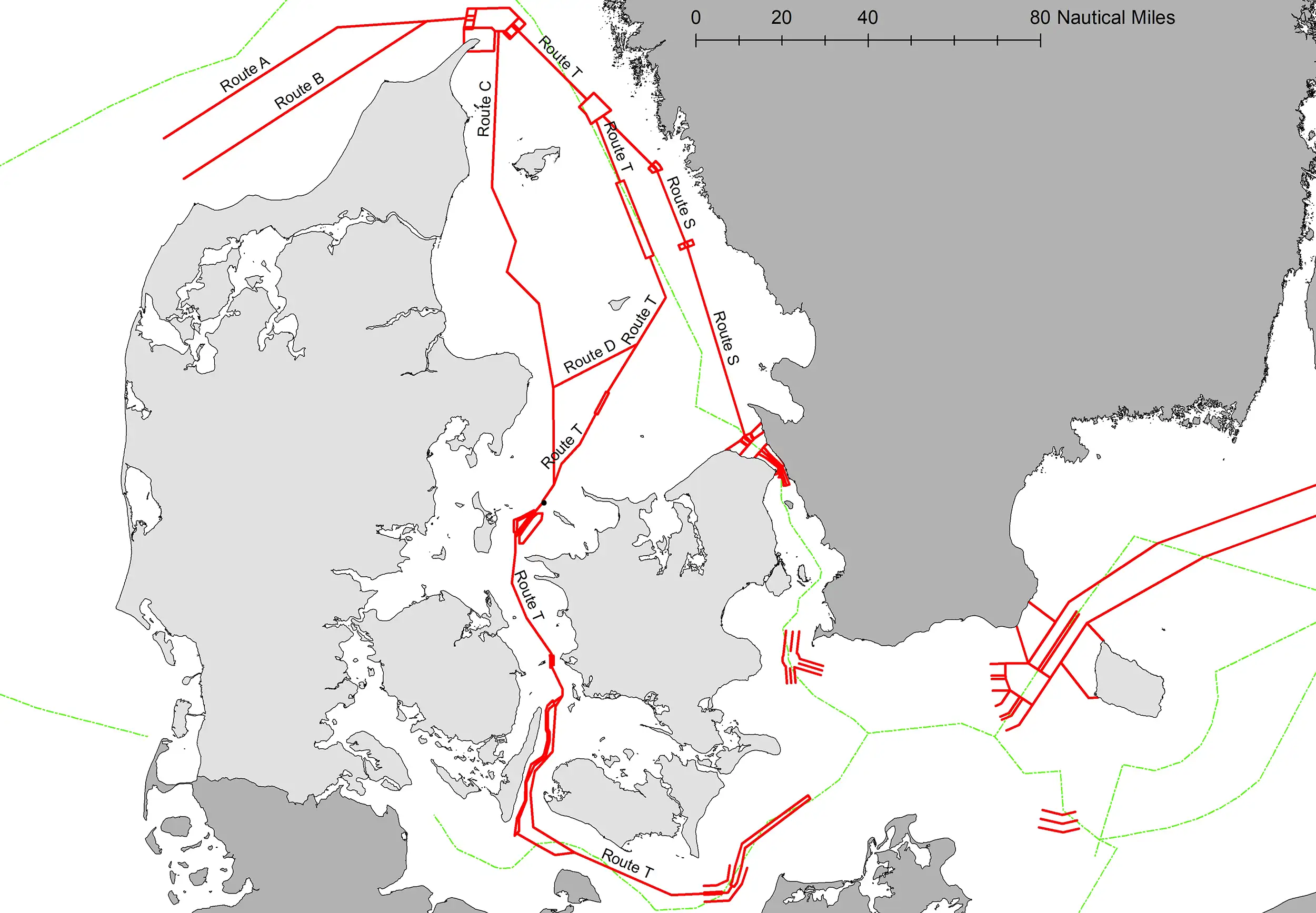 Oversigtskort over trafikruter og trafiksepareringer i Danmark
